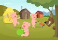 Three little pigs near their small houses and scary wolf Royalty Free Stock Photo