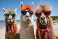 Three llamas in sunglasses take a selfie on the beach. Beach holiday, vacation concept. Generated by artificial Royalty Free Stock Photo