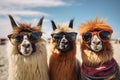 Three llamas in sunglasses take a selfie on the beach. Beach holiday, vacation concept. Generated by artificial Royalty Free Stock Photo