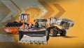 Three loaders or bulldozers on a yellow industrial background. Transportation of sand, gravel and other bulk materials. Loading