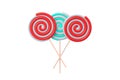 Three lollipops on stick isolated on white background. Striped twisted candy