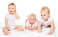 Three looking babies crawl and sit on blanket