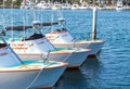 Three Los Angeles County lifeguard boats docked in Marina Del Rey, California