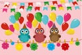 Three lovely owls sit on a rope and hold balloons. Flags Royalty Free Stock Photo