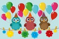 Three lovely owls sit on a rope and hold balloons.