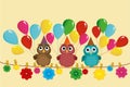 Three lovely owls sit on a rope and hold balloons. Royalty Free Stock Photo