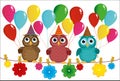 Three lovely owls sit on a rope and hold balloons. Royalty Free Stock Photo