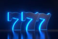 Three lucky sevens with neon blue lights on black background