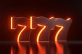 Three lucky sevens with neon orange lights on black background