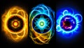 Three luminous emblems with different colors . The three main types of energy in the universe are electric, magnetic and