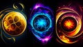 Three luminous emblems with different colors . The three main types of energy in the universe are electric, magnetic and