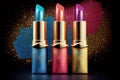 Three luxury lipsticks with colorful glitter background, beauty banner and advertising.