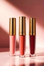 Three Luxury Liquid Lipsticks Displayed Under Soft Pink Gradient Studio Lighting Royalty Free Stock Photo