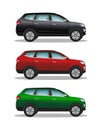 Three luxury offroad cars, black, red, green. Different colors vehicles. Realistic crossover on white background Royalty Free Stock Photo