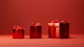 Three luxury red gift boxes with red ribbons come in different size on red background, new year, valentine\'s day, christmas,