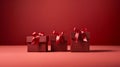 Three luxury red glitter gift boxes with red ribbons come in different size on red background, new year, valentine\'s day,