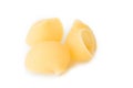 Three of macaroni shells, selective focus. Isolated on white. Royalty Free Stock Photo