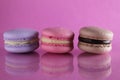 Three macaroons lilac brown chocolate lavender pink lie in a row on a pink fuchsia-colored background with reflection and a place