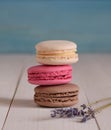 Three macaroons on the wood light table lavender macro close up