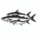 Three mackerel fish in black and white graphic. Fresh seafood visual illustration. Fish school drawing ideal for culinary Royalty Free Stock Photo