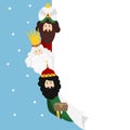 Three magi. Biblical kings Caspar, Melchior and Balthazar. Christmas vector illustration background, web banner for Royalty Free Stock Photo