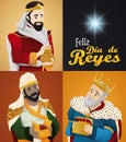 Three Magi and Star for `Dia de Reyes` or Epiphany, Vector Illustration