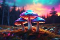 Three Magic Iridescent Mushrooms in the middle of landscape - Ai illustration