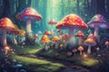 Three Magic Iridescent Mushrooms in the middle of the wood - Ai illustration