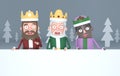 Three magic kings holding a big white placards in a grey forest.. 3d illustration.