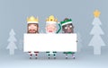 Three Magic Kings holding a white placard in a forest. Isolated. 3d illustration