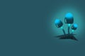 Three magical glowing mushrooms on a dark blue background with space for text