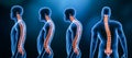 Three main curvatures of the spine disorders or deformities on male body: lordosis, kyphosis and scoliosis 3D rendering