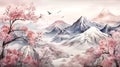 watercolor wallpaper of Japanese sakura flower garden and mounta
