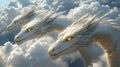 Three majestic white dragons soar amidst fluffy clouds Royalty Free Stock Photo