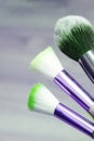 Three makeup brushes on gray background closeup