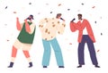 Three Male Characters Passionately Sing Karaoke, Their Voices Harmonizing In A Bar, Cartoon People Vector Illustration