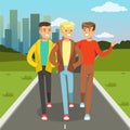 Three male friends talking and smiling while walking on city street, friendship concept vector Illustration