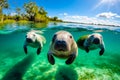 Three manatees swimming in the clear blue water of a lake Royalty Free Stock Photo