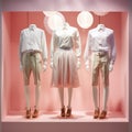Three mannequins in a display case with white shirts and skirts, AI