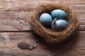 Three marble blue Easter eggs painted by hibiscus, in a nest on a wooden background close-up. The Symbol Of Easter Royalty Free Stock Photo