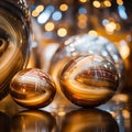 three marbles on a table with lights in the background Royalty Free Stock Photo