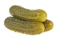 Three marinated pickled cucumbers on white background, gherkins