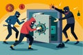 Three masked thieves work together to force open a safe while inside a poorly lit room, thieves try to break into the safe Royalty Free Stock Photo