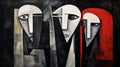 Neo-cubist Painting: Dramatic Red Faces On Black Background