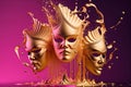 Three Masquerade golden and magenta carnival masks with sparks splash,