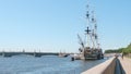 Three-masted frigate near the embankment of the Neva river and the Troitsky Bridge - St Petersburg