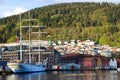 Three-masted schooner docked in harbor, Bergen Norway