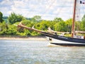 Three masted schooner Oosterschelde under sails on the Seine river for Armada exhibition in France. Cross processed Royalty Free Stock Photo