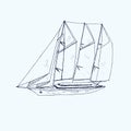 Three mastered schooner yacht type, hand drawn doodle, sketch, black and white illustration Royalty Free Stock Photo