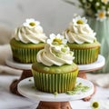 Three matcha cupcakes with vanilla frosting and chamomile flowers Royalty Free Stock Photo